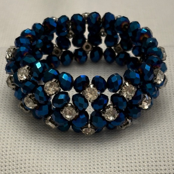 Dazzling Sapphire Blue Beaded Sparkling Elastic Bracelet, Rhinestone Jewelry - Picture 1 of 6